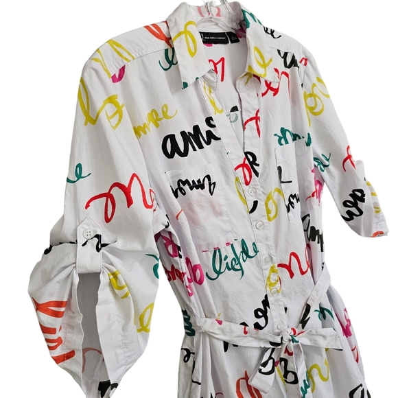 Nwot NY & CO White & Multicolored Script Words 3\4Sleeve Collared Shirt Dress - Picture 14 of 16